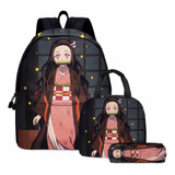 Mochila Escolar Diseño Nezuko + Lonchera + Estuche Demon