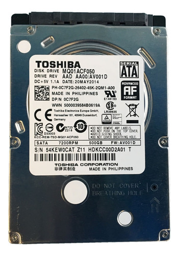 Disco Duro Toshiba 500gb 2.5 Pulgadas  7200 Rpm Mq01acf050