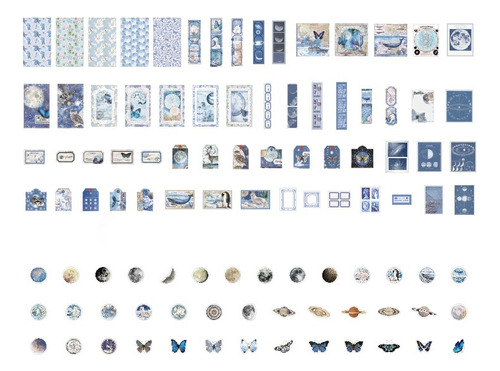 Set Sobre 200 Stickers Y Papeles Naturaleza Vintage Azul