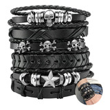 Conjunto Pulsera Brazalete Hombre Rock Cuero Calavera 6 En 1