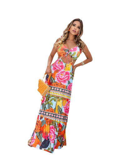 Vestido Feminino Longo Estampado Decotado Costa Nua Verão