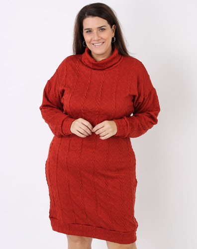 Vestido Midi Jacquard Plus Size Manga Longa Gola Alta