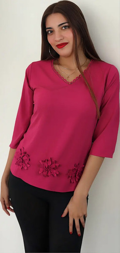 Blusa Para Dama Manga 3/4 Con Guipiure Cuello Flores Ruedo
