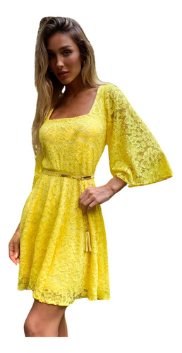 Vestido Encaje Amarillo Fiesta Mujer Escote Cuadrado Mangas