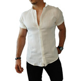 Camisa Manga Corta Fit Hombre Lino Cuello Mao Polo Urbana