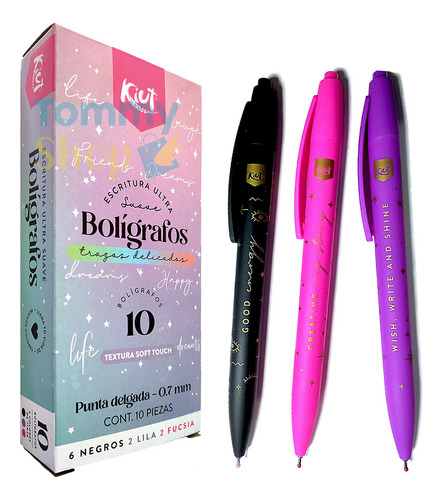 Kiut Caja 10 Boligrafos Trazo Suave Delicados Soft Escolares Color De La Tinta Negro Color Del Exterior Lila Fucsia Negro