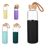 Botella De Vidrio Para Agua Bebidas Tapa De Bambu Silicona Color Gris