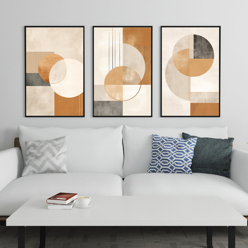 Trio Quadro Decorativo Quarto 60x40 Círculos Abstrato Bege