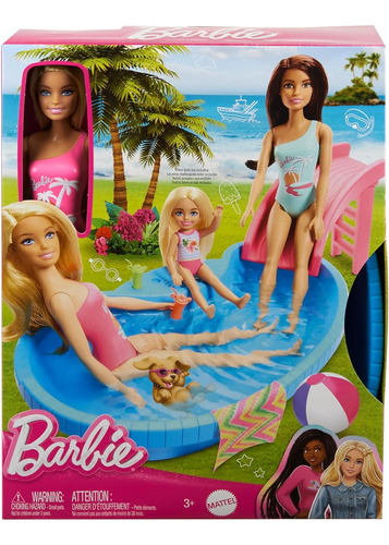 Barbie Muñeca Con Piscina Traje D Baño Tobogan Toalla Bebida