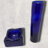 Cenicero Y Florero Vidrio Soplado Artesanal Azul Cobalto