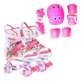 Patins Quad Moranguinho Ajustável + Kit Proteção Rodinha Led