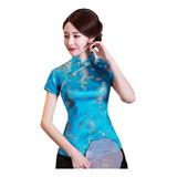 Blusa Chinesa Com Estampa Dragão E Fênix - Azul Turquesa