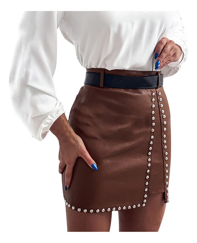 A Minifalda N De Piel A La Moda Con Abalorios Lisos Para