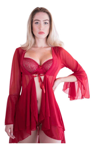 Robe Tule Transparente Com Babados Luxo Renda Sexy 