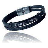 Brazalete Negro Grabado Carpe Diem Cuero Y Acero Inox