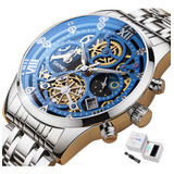 Reloj De Pulsera Skmei 7039 De Cuerpo Color Plateado, Analógico, Para Hombre, Fondo Azul Y Negro Color Plateado, Agujas Color Blanco, Dial Blanco, Bisel Color Plateado Y Mariposa