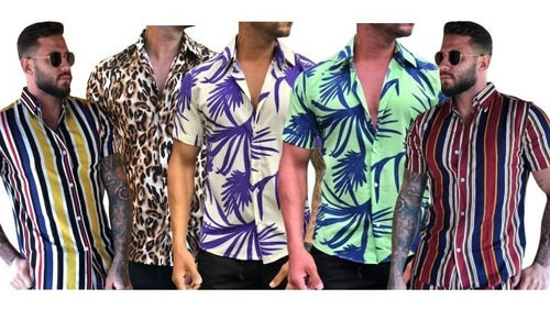 Camisa Masculina Floral Listrada Estampada Viscolinho