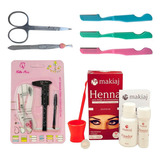 Kit Henna Sobrancelha Makiaj Com Pincel Duplo Navalhas Pinça Cor Marrom