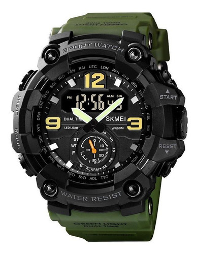 Reloj Skmei 1637 Anadigi Para Hombre, Correa Deportiva Original, Color Verde, Bisel, Color Negro, Color De Fondo Negro