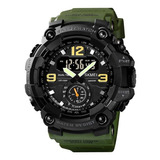 Reloj Skmei 1637 Anadigi Para Hombre, Correa Deportiva Original, Color Verde, Bisel, Color Negro, Color De Fondo Negro