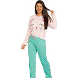 Pijama De Frio Manga Longa Inverno Conjunto Blogueira Cat