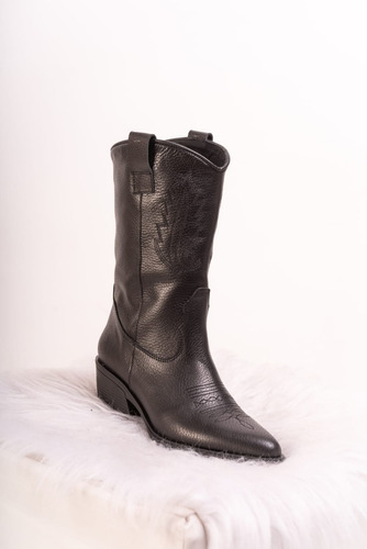 Texanas Botas Cuero Vacuno Altas Bordadas Mujer Moda Negras