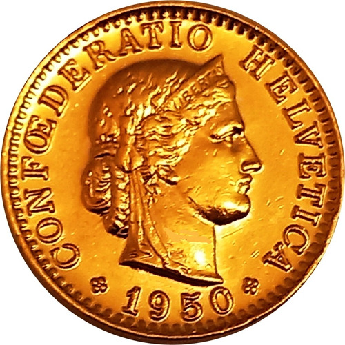 Suiza - Moneda De 20 Rappen Del Año 1950 Bañado En Oro 24k