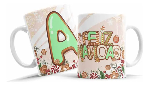 Taza De Ceramica, Letra Inicial, Galletas,11oz,feliz Navidad