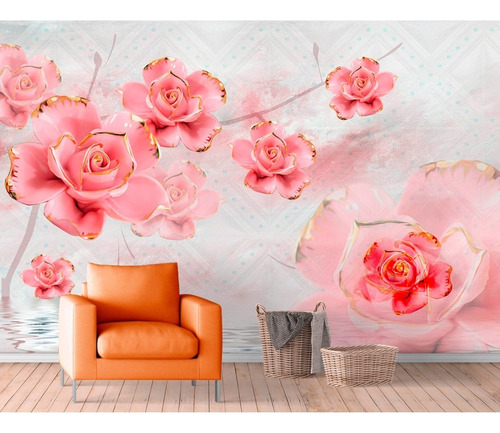 Papel Parede Painel Adesivo Flor Folhagem Rosas Floral 3m²