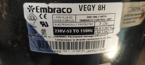 Compresor Embraco Vegy8h 230v-53 To 150hz R134a 