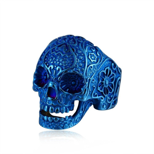 Anillo Cráneo Calavera Gótico Azul Acero Inoxidable Hombre