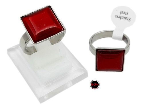 1 Anillo Rojo Ojo Gato Cuadrado Premium Acero Quirurgico