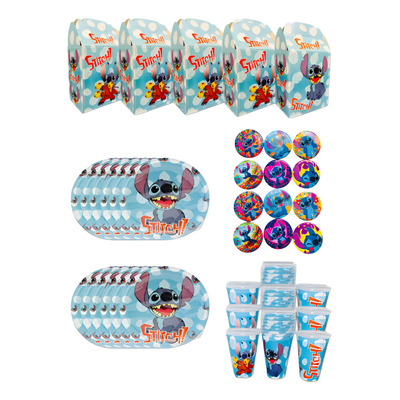 Kit Fiesta Plato Dulcero Pines Lilo Stich 10 Invitados 40pz Azul Acero Lilo Y Stich