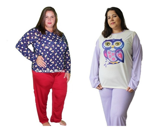 8 Pijama Feminino Longo Plus Size Frio Inverno Malha Liganet