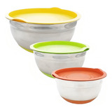 Set X 3 Bowls Acero Inoxidable Tapa Base Silicona Reposteria