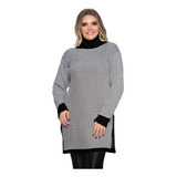 Casaco Feminino Poncho Manga Longa Tricot Xadrez Gola Alta