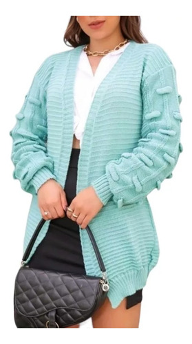 Casaco Feminino Cardigan Tricot Grosso Inverno Manga Bufante