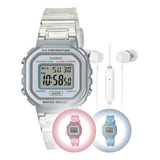 Kit Relógio De Pulso Infantil Marca Casio Digital + Fone Cor La-20whs-7adf - Cristal