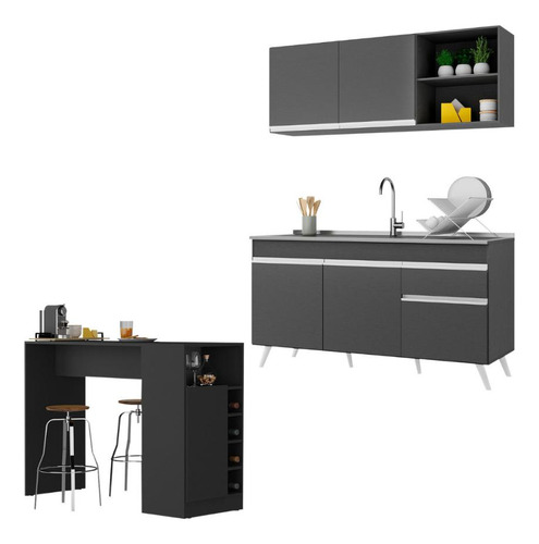Cozinha Compacta/bancada Americana Veneza Multimóveis Mp2200 Cor Preto/branco