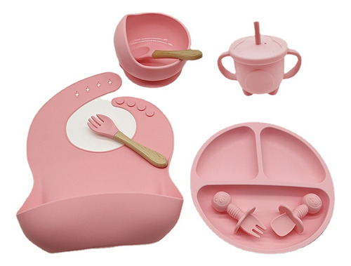 Kit 8 Introdução Alimentar Silicone Talheres De Bebê Prato Babador Cor Rosa Fashion Prato Bambu