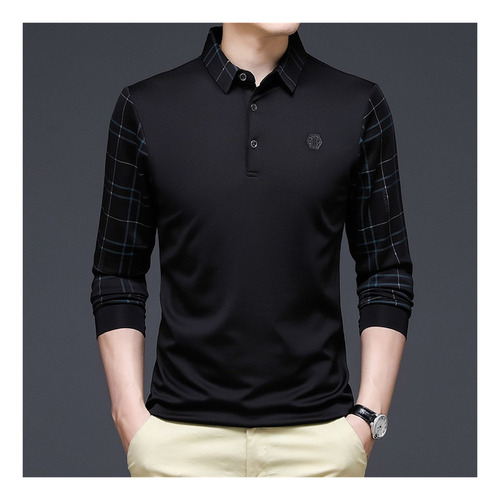 Camisa Polo De Color Sólido Manga Larga Hombres Moda Coreana