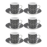 Jogo 06 Xicara Café Chá Porcelana 80ml Pires Preto E Branco