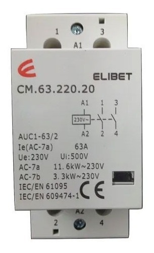 Contactor Modular Bipolar 63a Bobina 220v Elibet 2 Modulos