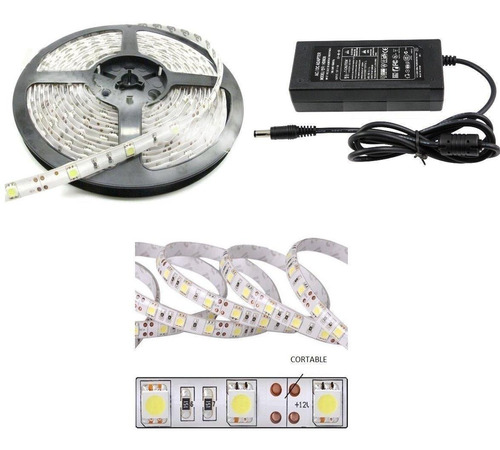 Cinta Tira Led 5050 Blanco Frio Fuente Autoad 5mt Completa $