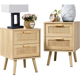 Finnhomy Nightstand End Table Side Table 2 Pack Rattan 