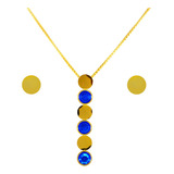 Collar Y Aretes De Mujer De Acero Dorado Con Piedra Azul 