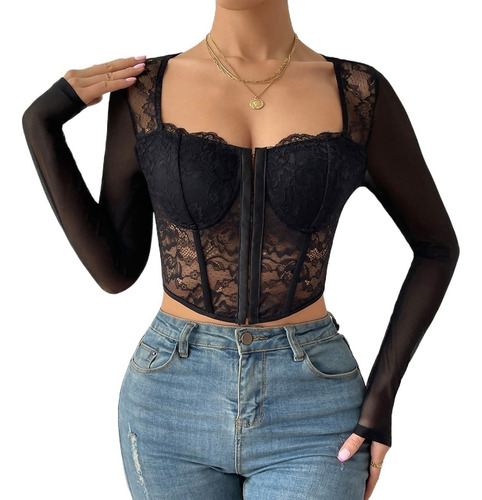 Blusa Crop Top Elegante Corset Encaje Malla Manga Larga