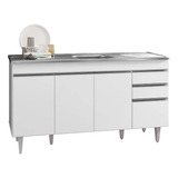 Balcão Gabinete Com Pia Inox 150cm 4 Portas 2 Gavetas Marroc Cor Branco