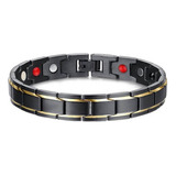 Pulsera Magnética Para Hombre | Acero Negro | Filetes Chapados En Oro