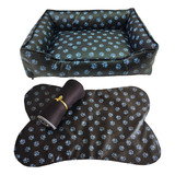 Kit 3 Pçs Cama Pet G Luxo Com Tapete E Mantinha Soft 90 X 75